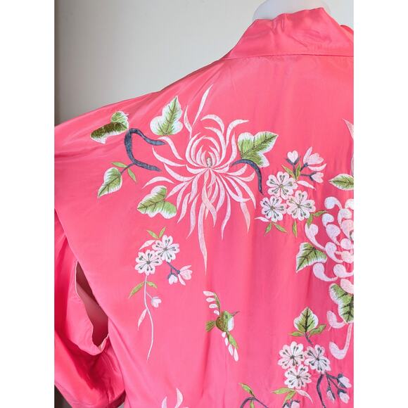 VTG Japanese Kimono OS Pink White Silky Embroidered Chrysanthemums Florals Birds - Picture 7 of 12